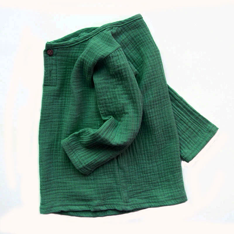 Kids' long-sleeved pleated linen & cotton blend t-shirt for cooler autumn wear, breathable fabric