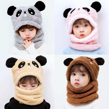 Kids' plush animal hooded scarf hat, a warm winter headwear featuring a cute fox design