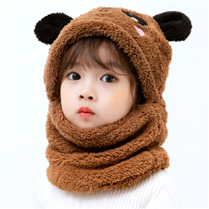 Soft plush animal hooded scarf, offering warmth and cuteness for kids' winter outfits