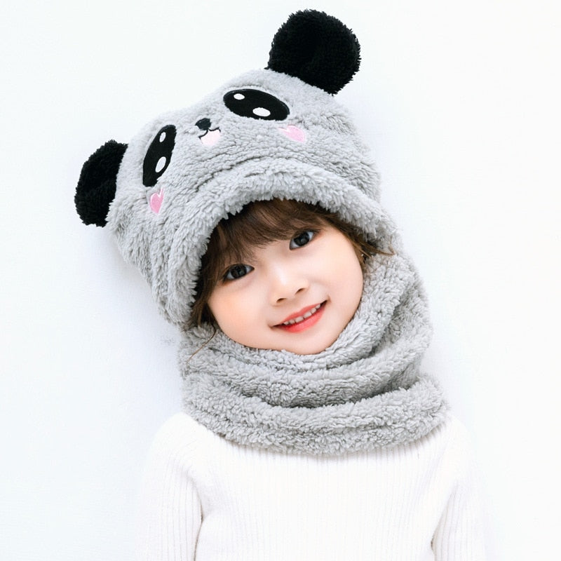 Kids' winter headwear: a plush animal hooded scarf hat in vibrant blue color