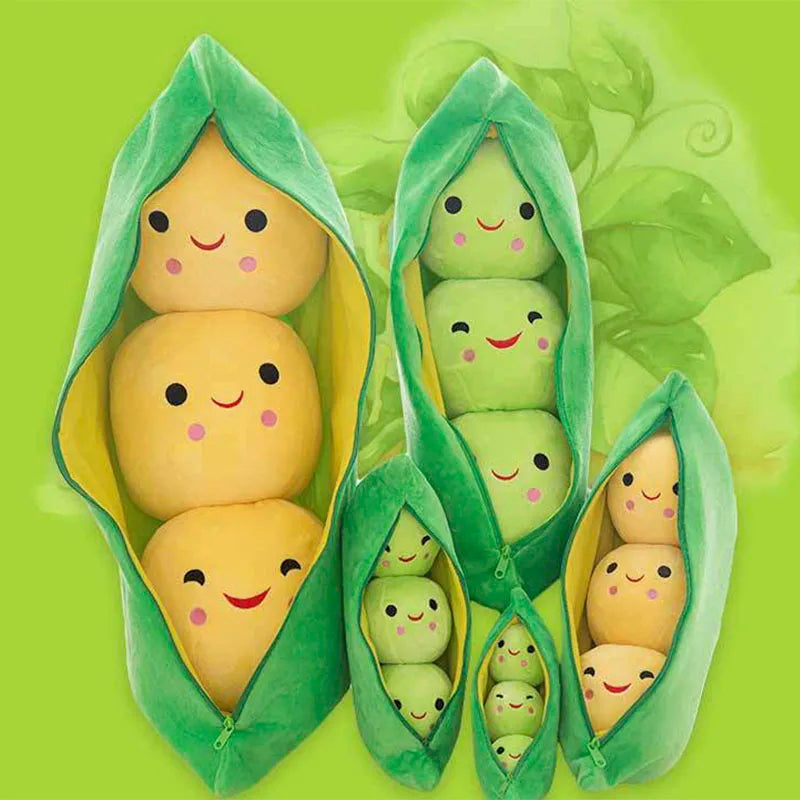 Two Plush Peas Dolls, different sizes, showcasing their round, soft design for kids' play