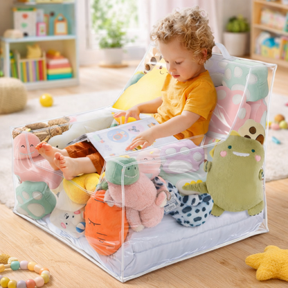 Kids' plush toy storage bean bag chair in a playroom, organizing stuffed animals