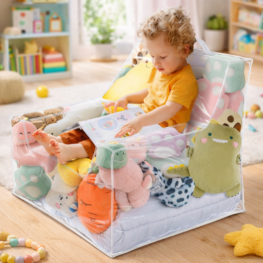 Kids' plush toy storage bean bag chair in a playroom, organizing stuffed animals
