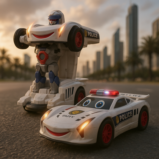 Kids' police car transforming robot toy with flashing lights & sounds, perfect for interactive play.