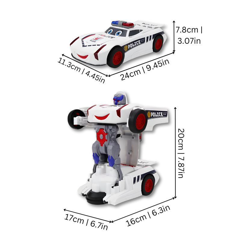 Interactive kids' transforming police car robot action figure with vibrant lights and exciting sounds.