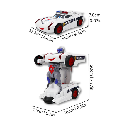Interactive kids' transforming police car robot action figure with vibrant lights and exciting sounds.