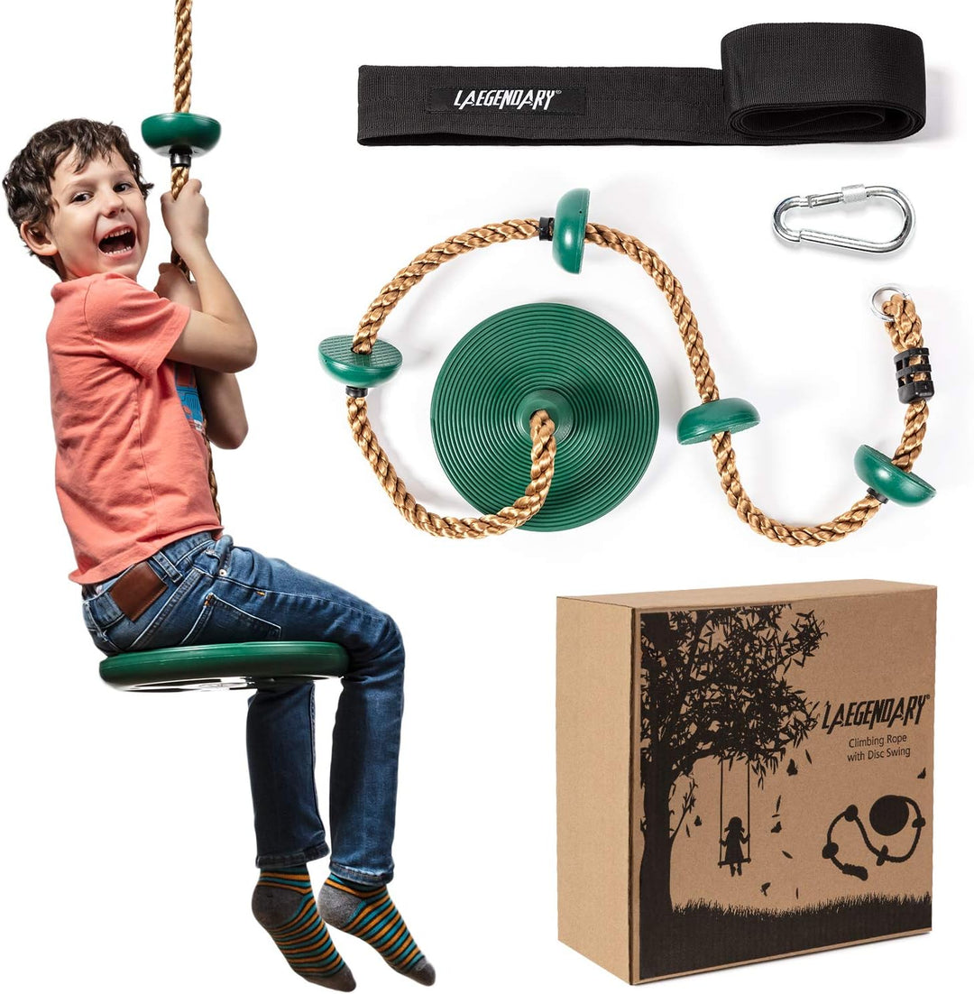 Close-up of children's climbing rope swing with colorful disc platforms, perfect for backyard active play.