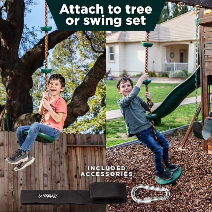 Child joyfully swinging on an adventurous tree swing, climbing the rope with disc platforms in a backyard.
