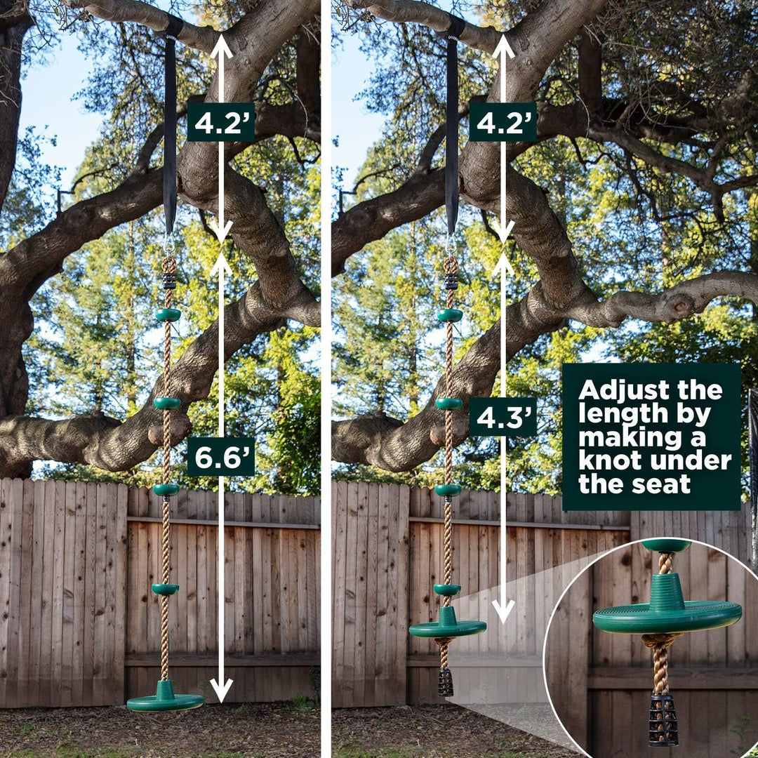 Durable green disc swing seat attached to a multi-platform climbing rope, offering kids adventurous outdoor fun.