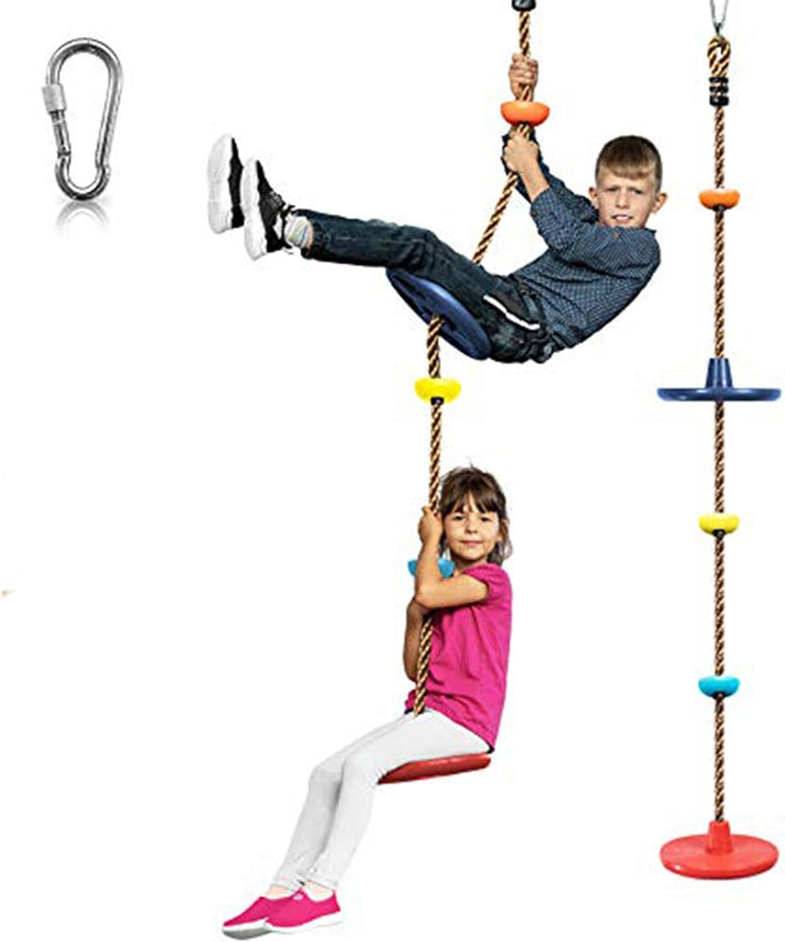 Full view of a children's backyard tree swing set, combining a disc swing with a multi-level climbing rope system.