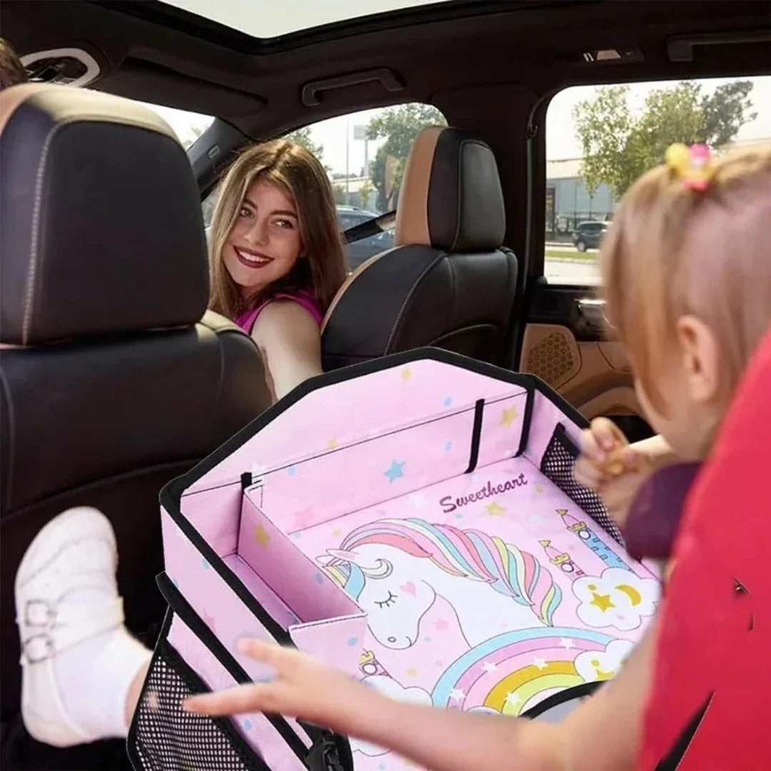 Kids travel tray table for car seats, offering a flat surface for snacks and games