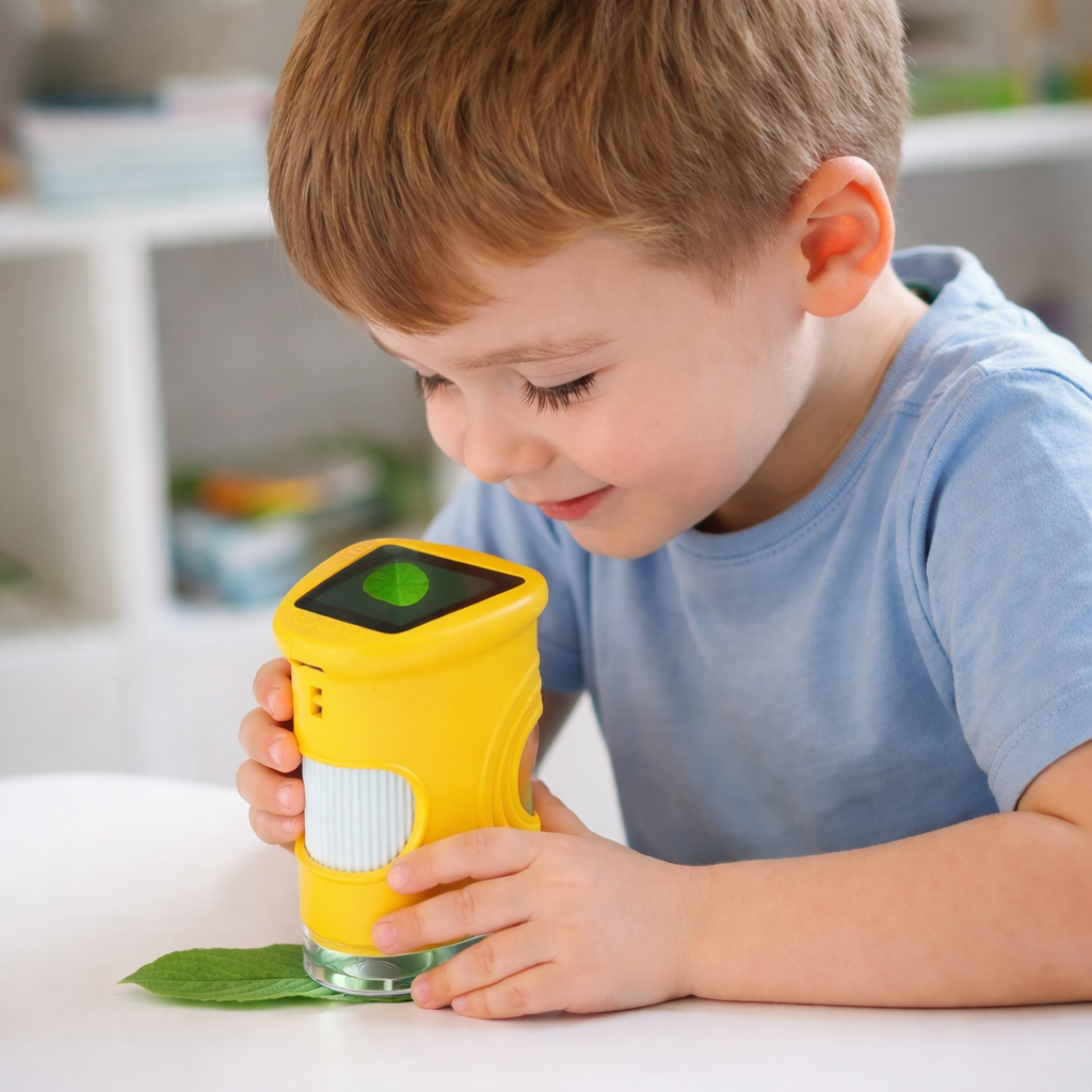 Close-up of kids digital microscope showing eyepiece and zoom dial for easy focusing