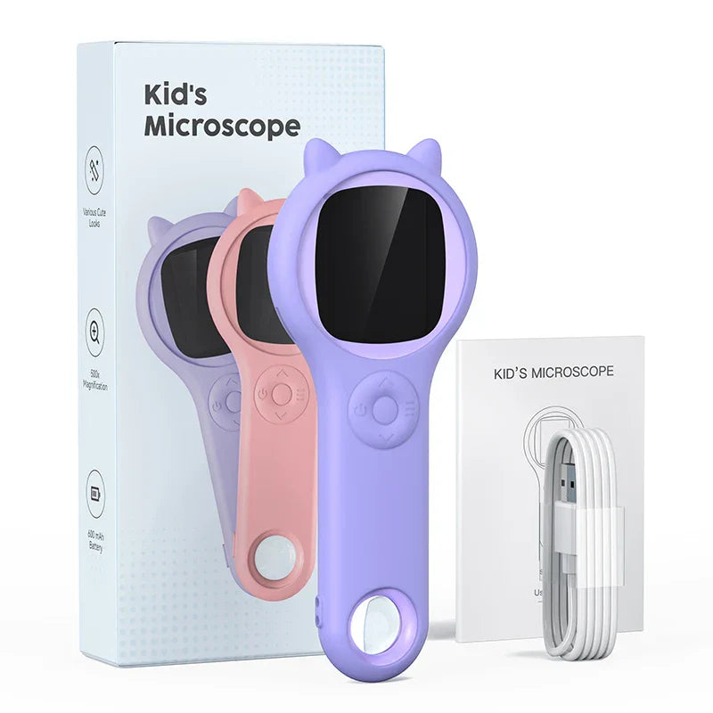 Group of children sharing a portable digital microscope, fostering teamwork and science curiosity.