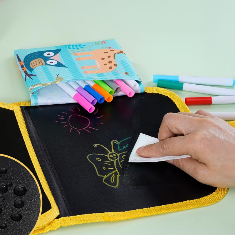 Kids' portable drawing board with colorful watercolor pencils and brush for creative play