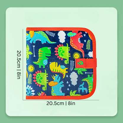 Reusable drawing board for kids with vibrant watercolor pencils, perfect for travel activities