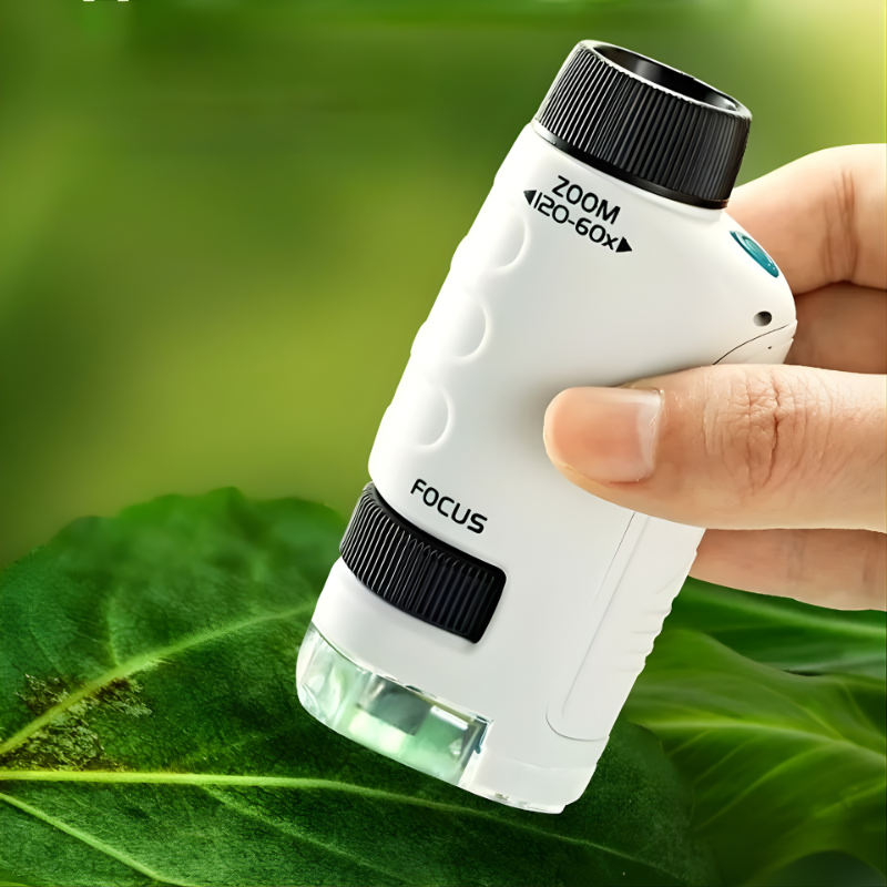 Kids portable handheld microscope with LED light, blue and white, for outdoor exploration