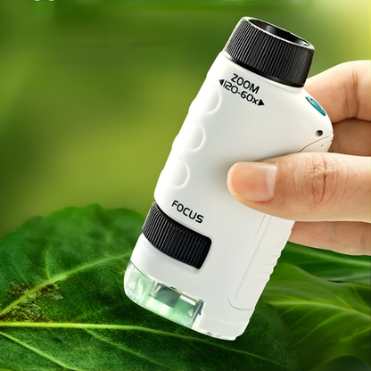 Kids portable handheld microscope with LED light, blue and white, for outdoor exploration