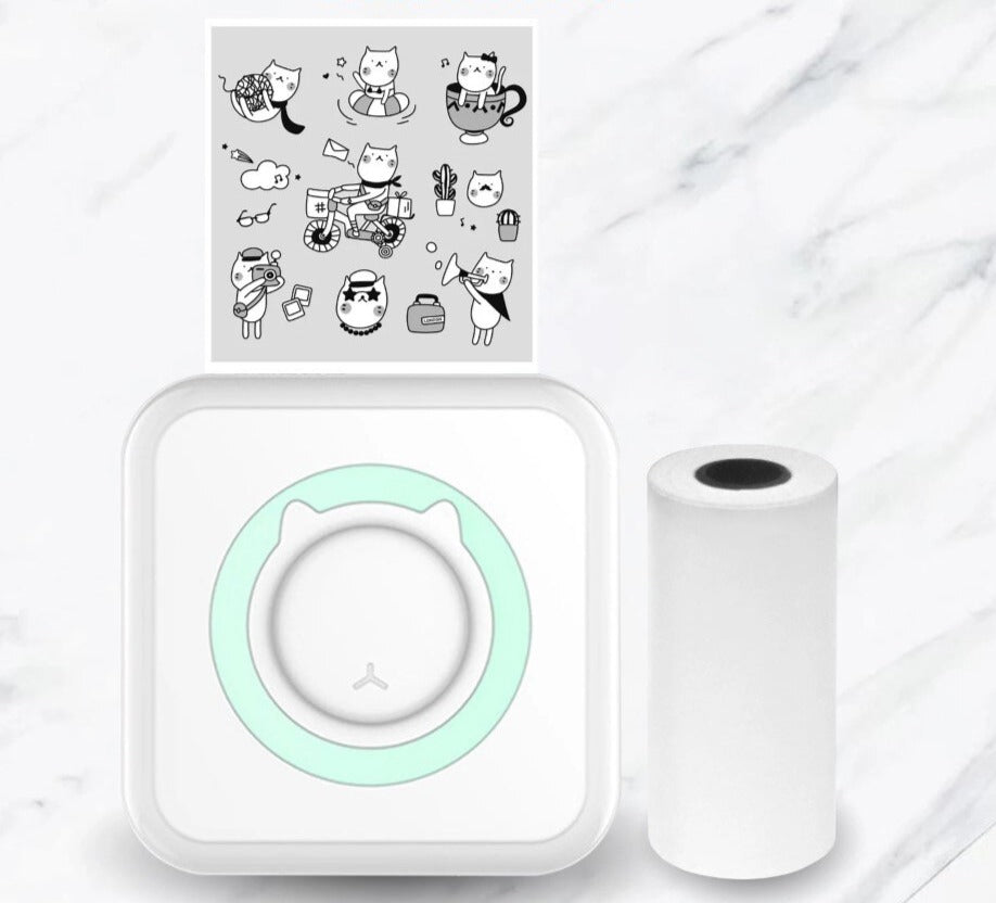 Kids zero-ink thermal printer, printing a clear black and white photo, an engaging creative toy.