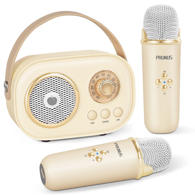Children singing with a colorful portable karaoke system; great for family fun and music.