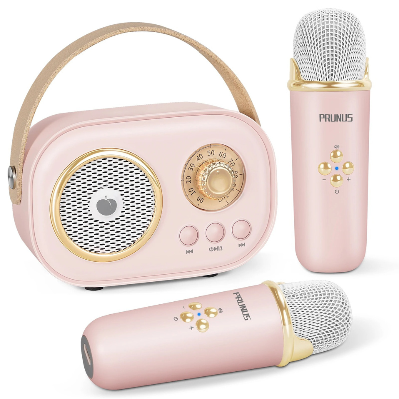A vibrant kids' karaoke setup with a speaker and two mics, perfect for aspiring young singers.