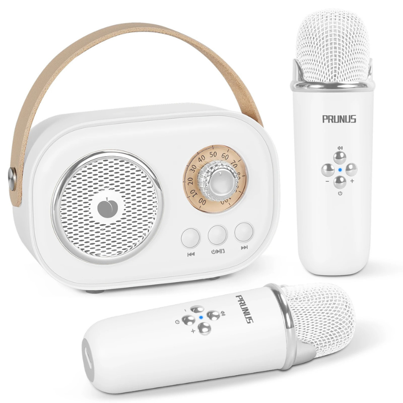 Kids' Bluetooth karaoke system with dual microphones, offering voice effects for endless entertainment.