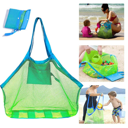 Kids' portable mesh beach toy organizer bag with sand toys, blue trim