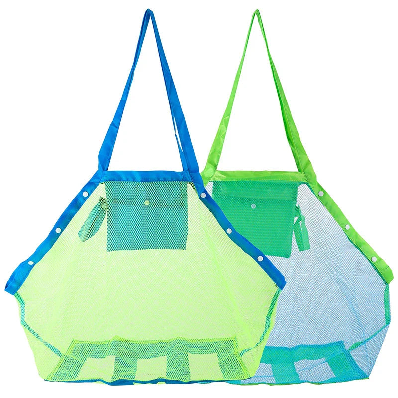 Mesh beach bag with bright yellow handles, perfect for toy collection