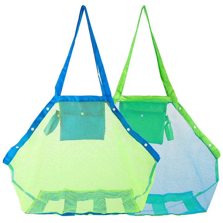 Mesh beach bag with bright yellow handles, perfect for toy collection