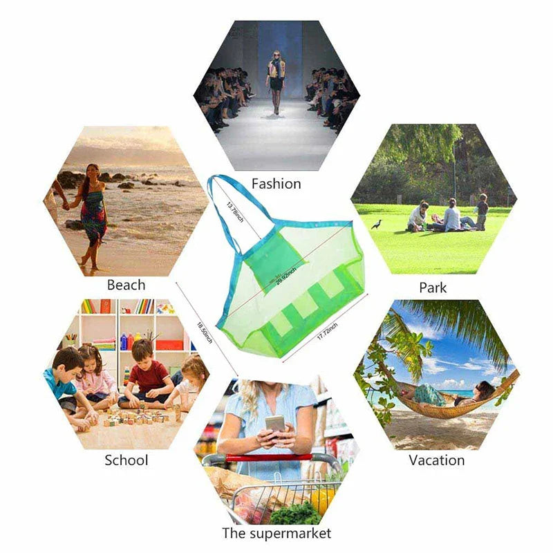 Quick dry sand toy bag for outdoor play, filled with colorful buckets