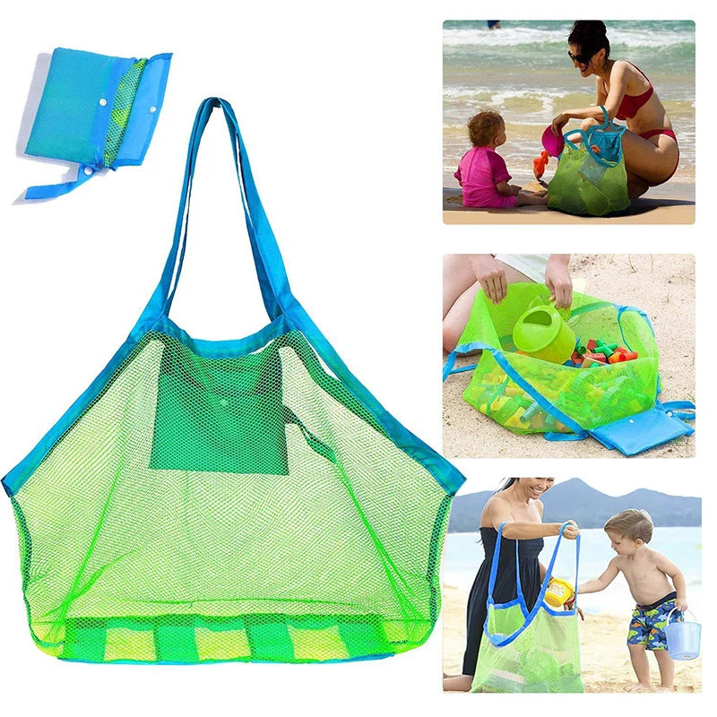 Beach scene with a kids' mesh toy bag next to a sand castle