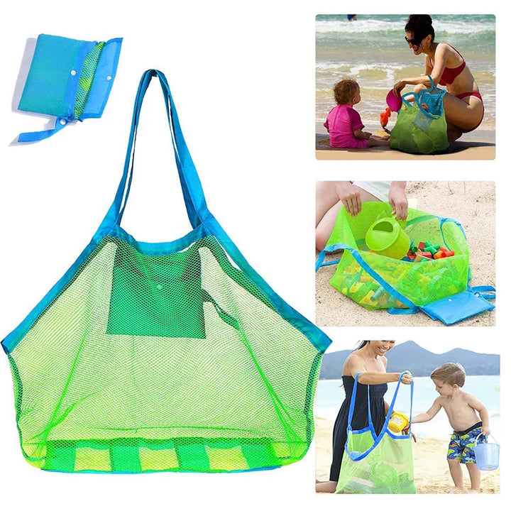 Beach scene with a kids' mesh toy bag next to a sand castle