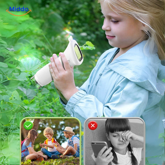 Kids portable microscope showing a leaf specimen, perfect for outdoor science discovery and learning games, STEM toy.