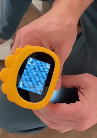 Close-up of a child's hand holding a portable microscope examining a flower petal, encouraging nature exploration.