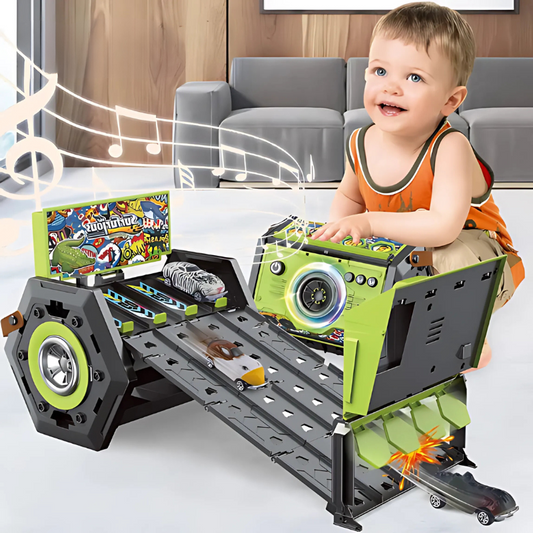 Kids' portable race track playset with colorful lights & music, perfect for interactive vehicle play.
