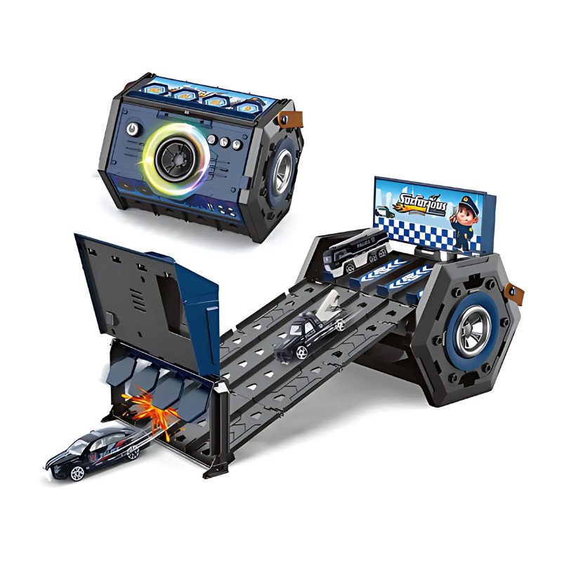 Children's interactive race track playset, travel-friendly with bright lights and fun music features.