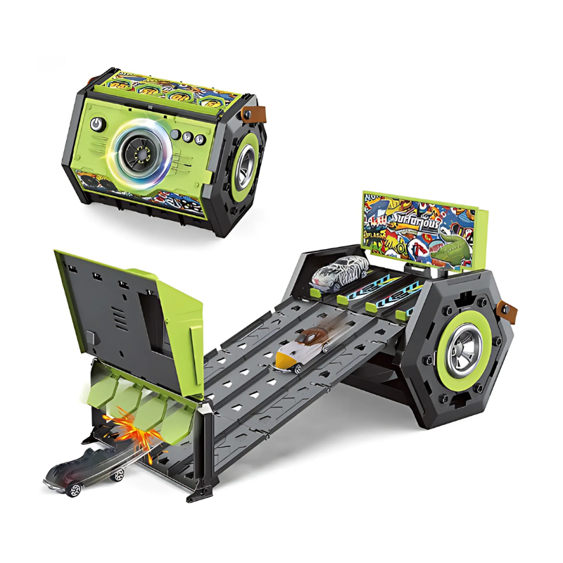 Race track playset for kids, a portable vehicle toy with sound and light effects, ideal for young racers.
