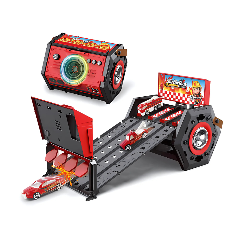 Durable kids' portable race track playset, designed with musical elements and flashing lights for playtime fun.