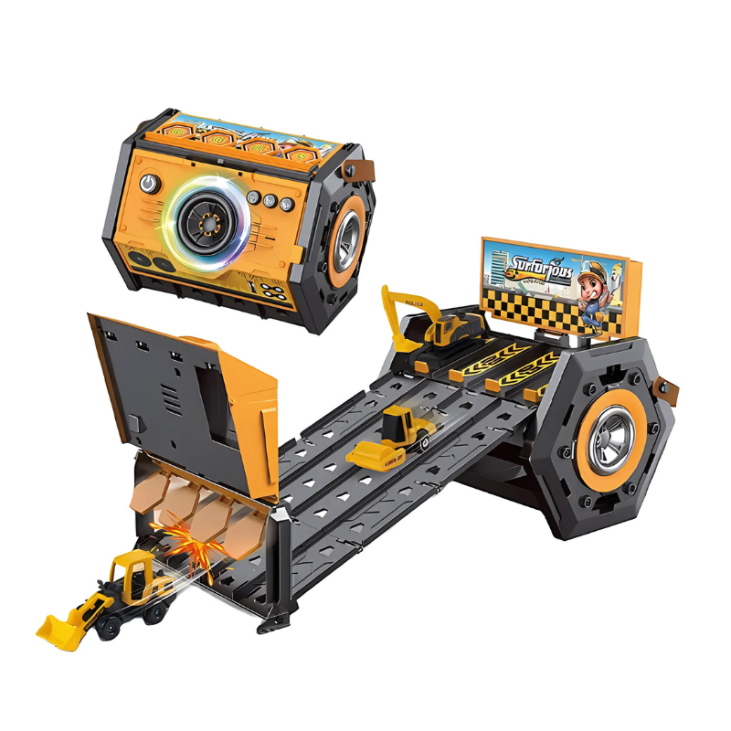 Educational portable race track toy for kids, including lights & music to enhance interactive play for all children.