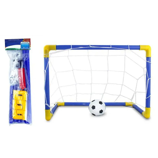 Kids' portable soccer goal with net, white ball, outdoor play equipment for children