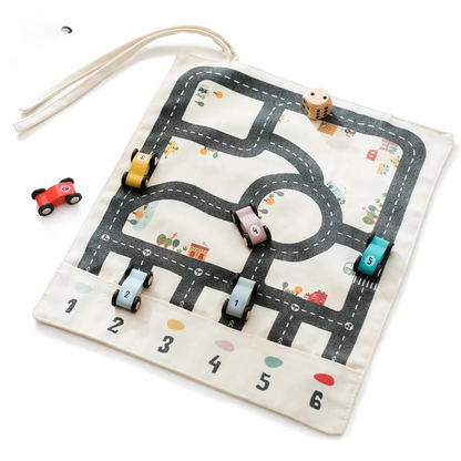 Kids portable wooden road race track play set with colorful cars, promoting motor skills and creative play