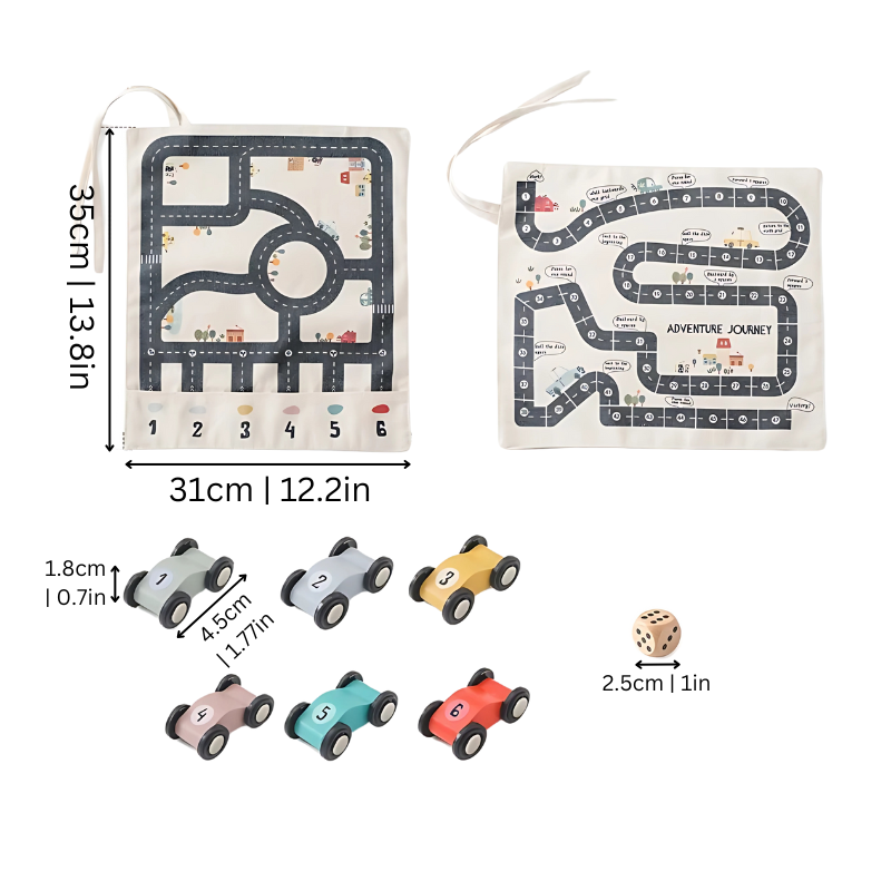 Educational children's gift: portable race track with wooden cars for strategy and imaginative play