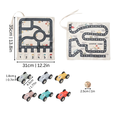 Educational children's gift: portable race track with wooden cars for strategy and imaginative play