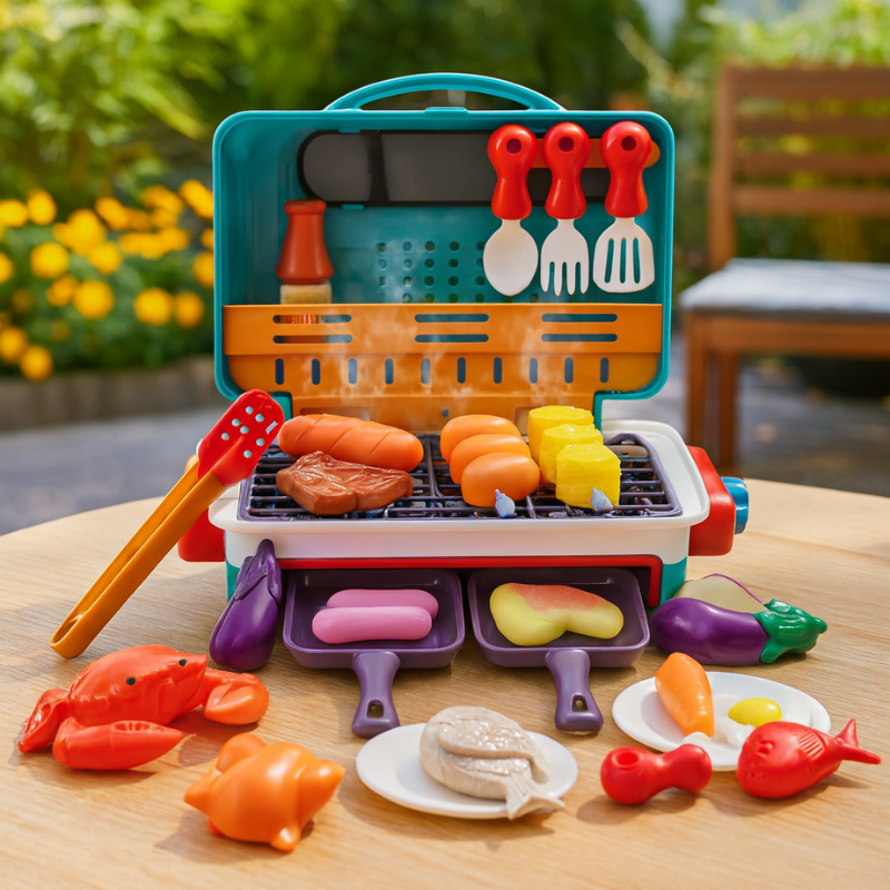 Kids Pretend Play BBQ Grill Set with realistic lights, sounds, and interactive play food for children.