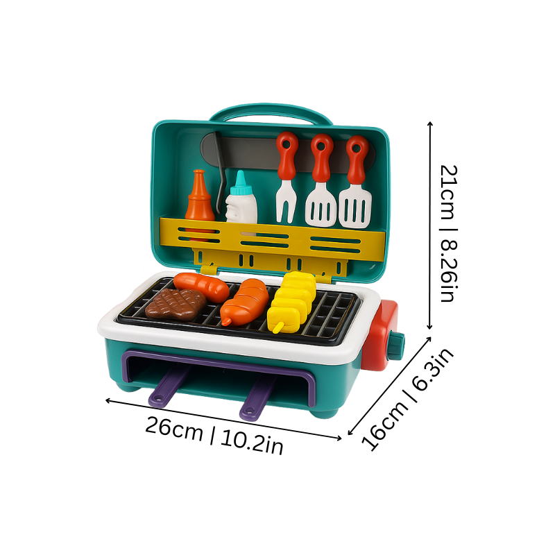 Children role-playing with a toy kitchen BBQ grill set, featuring steam and color-changing play food items.