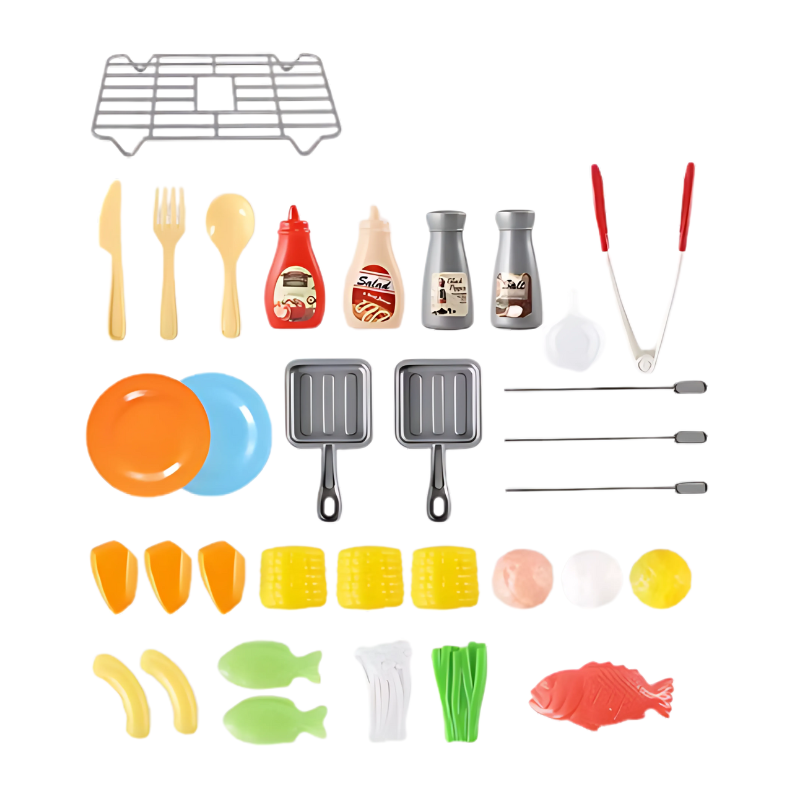 Educational toy BBQ grill for kids, designed with engaging lights, sizzle sounds, and pretend cooking accessories.