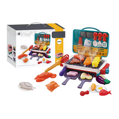 Interactive kids grill with make-believe flames, cooking sounds, and a variety of play food pieces for toddlers.