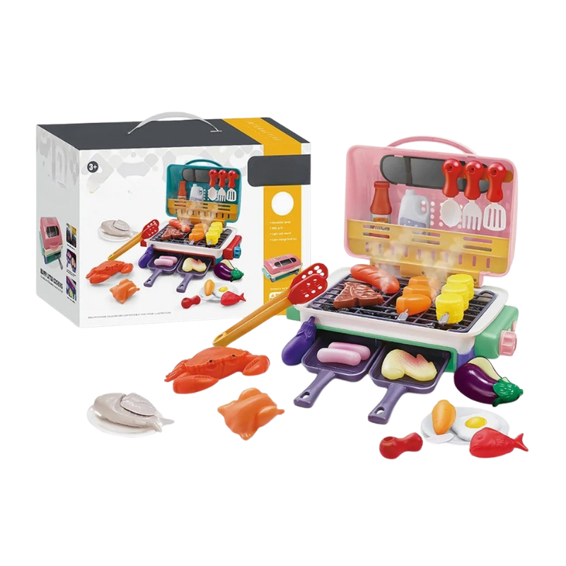 Vibrant pretend play BBQ grill set for children, encouraging imaginative role play with steam effects and changing colors.