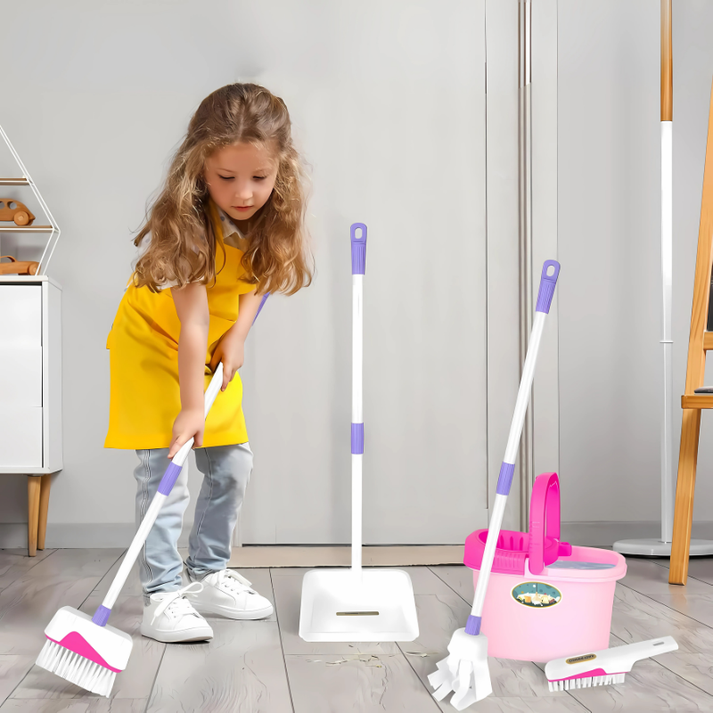 Kids' Pretend Play Cleaning Set with colorful mop, broom, dustpan, and brush for imaginative fun