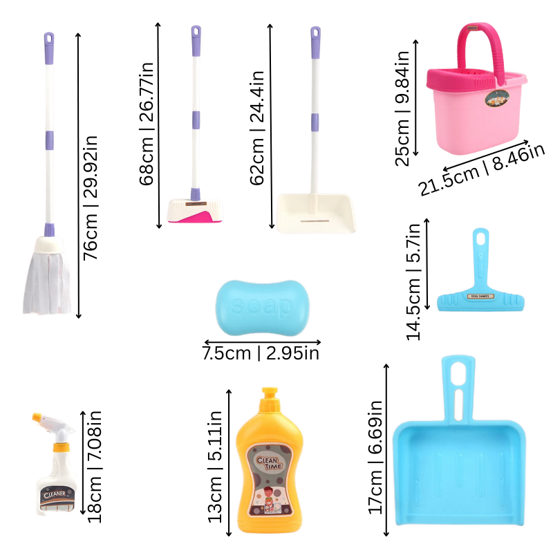 Toddler-friendly Pretend Play Cleaning Set: yellow mop, blue broom, red dustpan, green brush