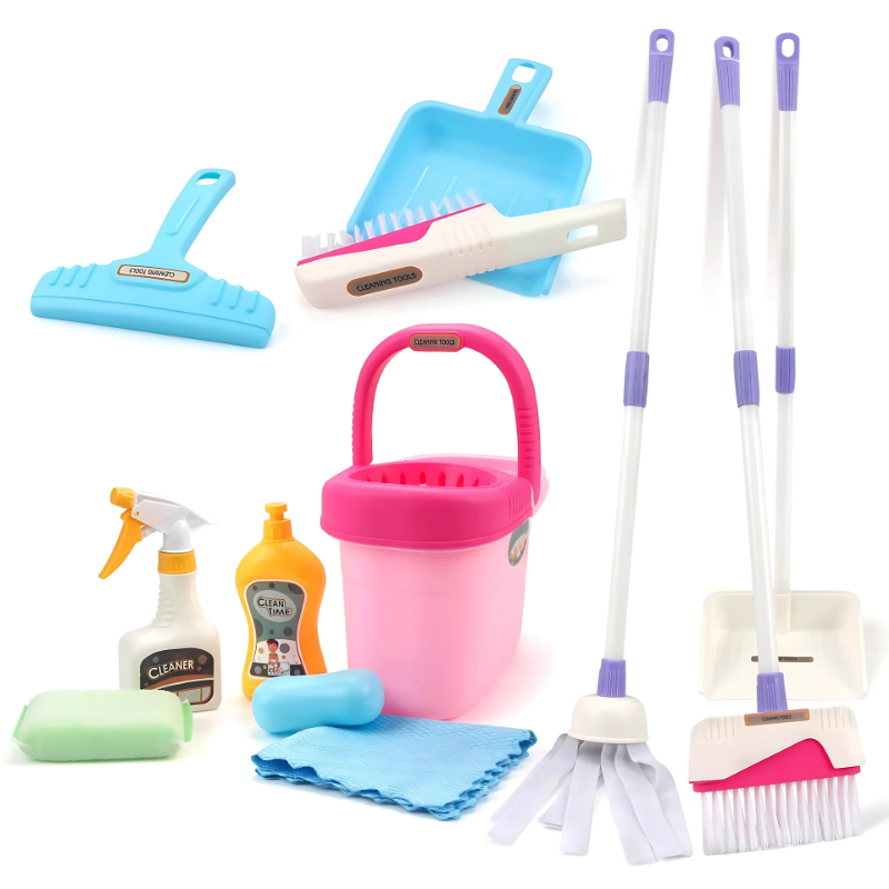 Durable Kids' Pretend Play Cleaning Set featuring a standing mop and broom for active play